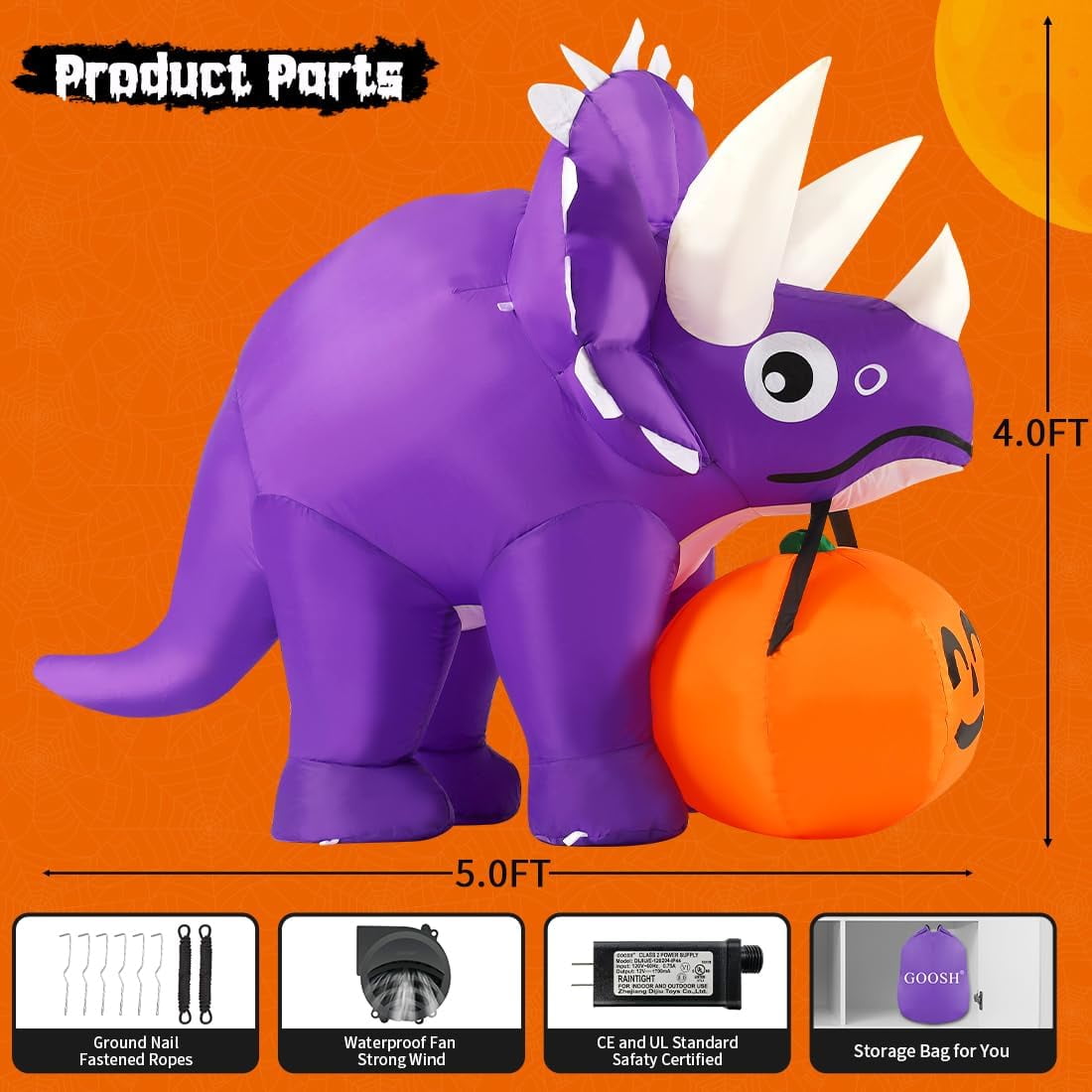 Haunt & Co Halloween Inflatable 5 FT Halloween Dinosaur Inflatable, Inflatable Halloween Dinosaur Halloween Dinosaur Decorations with LED Lights, Inflatables Clearance for Holiday