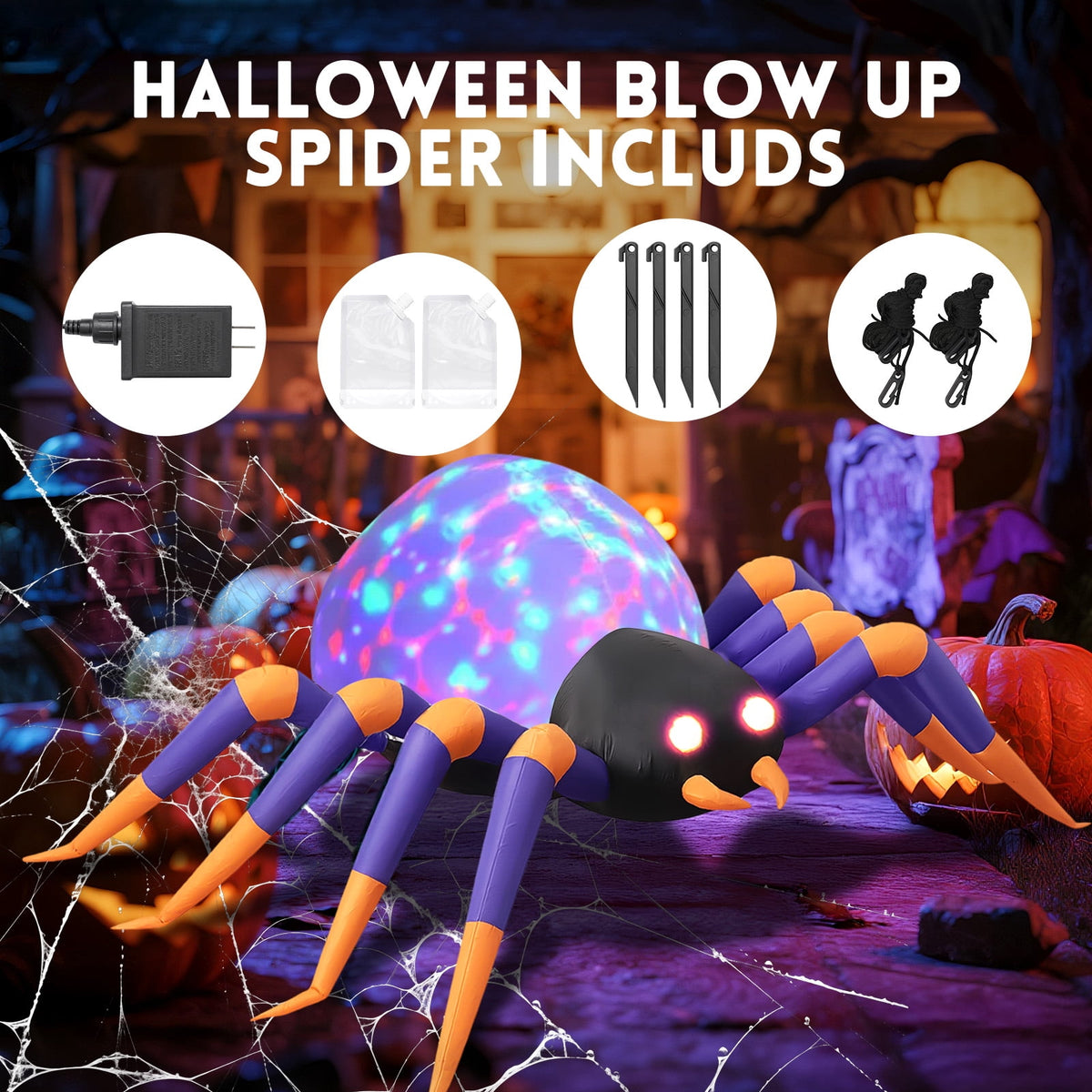 Haunt & Co 8 FT Halloween Spider Inflatables Outdoor Decorations, Blow Up Yard Decoration with Built-in LED Lights for Holiday, Party, Yard, Garden