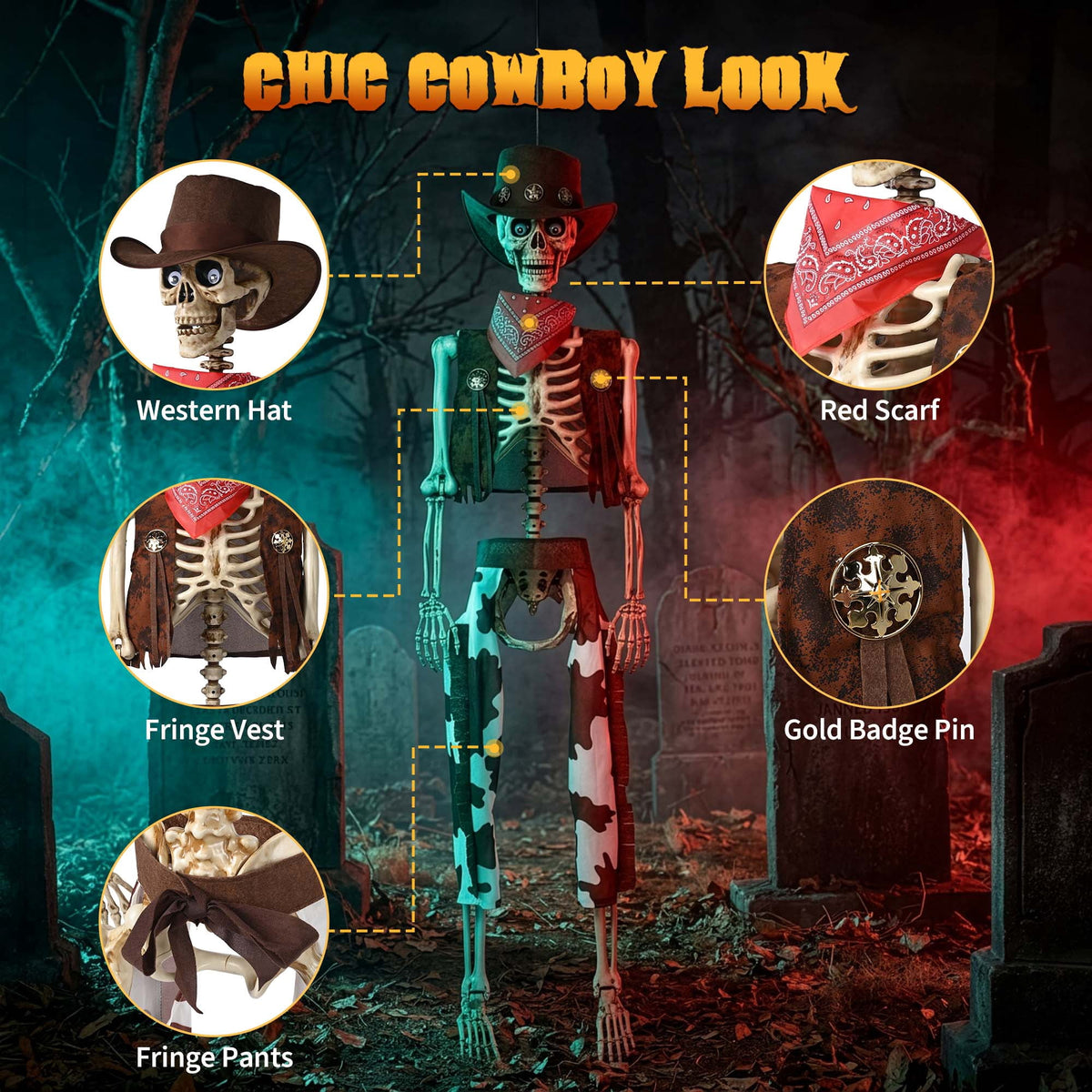 Haunt & Co Yescom Halloween 5.6Ft Life Size Skeleton Cowboy Detailed Costume Outdoor Indoor Haunted House Props Decor 2026