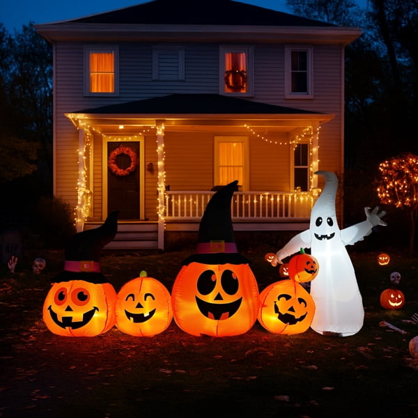 Haunt & Co 8FT Halloween Inflatable Pumpkin Ghost Scene, 5 Total LEDs, Waterproof Polyester, Quick Inflation with Stakes/Ropes