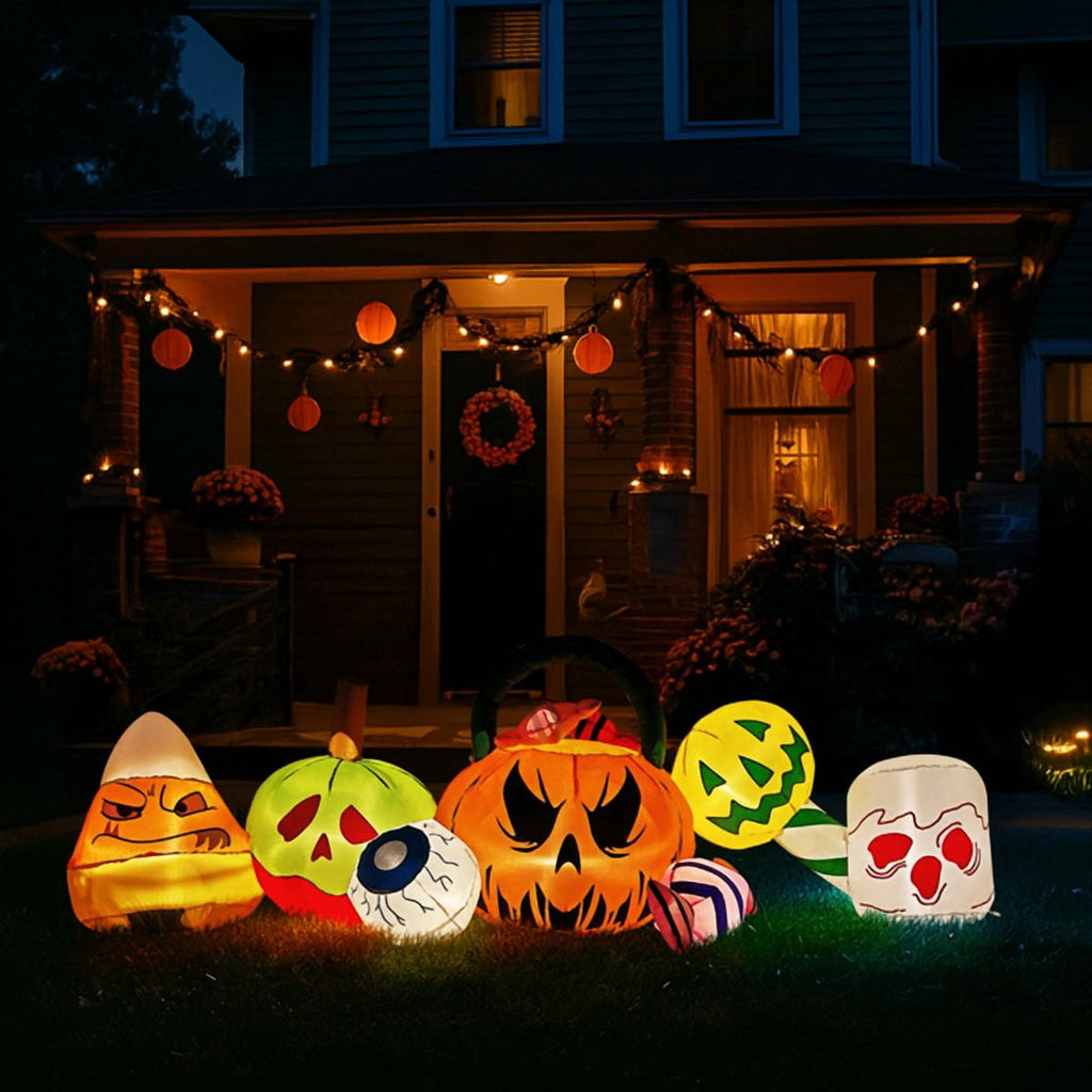 Haunt & Co 8FT Halloween Inflatable Pumpkin Ghost Scene, Waterproof Polyester, Quick Inflation with Stakes/Ropes
