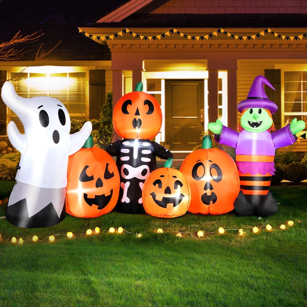 Haunt & Co 8FT Length Halloween Inflatable Witch, Ghost, with Pumpkin Outdoor Decoration