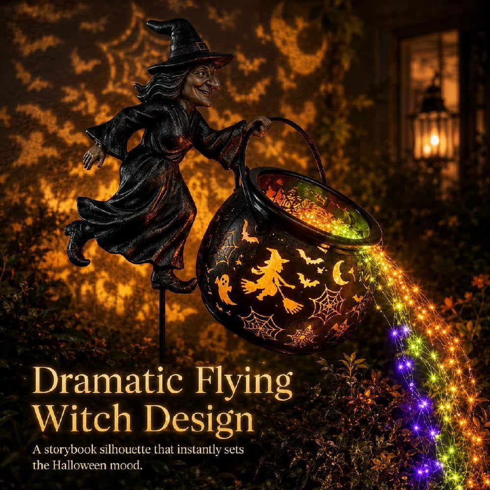 Haunt & Co Halloween Witch Cauldron Garden Light, Waterfall-Style Enchanted Witch Cauldron Garden Decoration, Halloween LED Projector Lights Decorations Outdoor with Stake