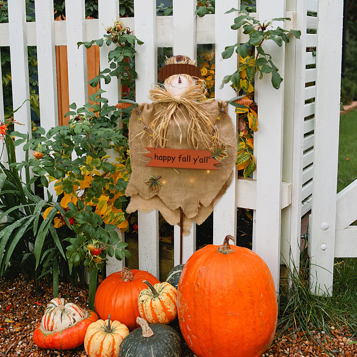 Haunt & Co Fall Scarecrow Yard Stake with LED Lights Happy Fall Ya'll Scarecrow Garden Stake Autumn Harvest Halloween Thanksgiving Outdoor Yard Decorations