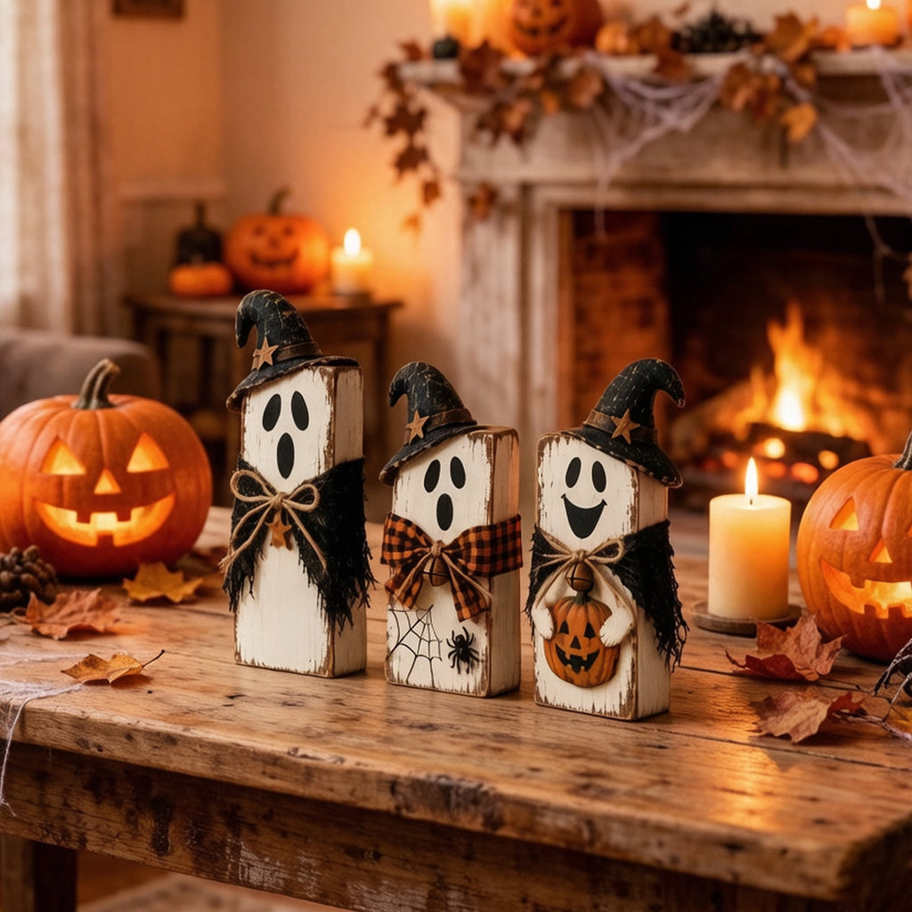 Haunt & Co PLLFRLRT Wooden Halloween Decorations Set Of 3 Fall Mantel Decor Ornaments Farmhouse Tabletop Signs with Witch Hat