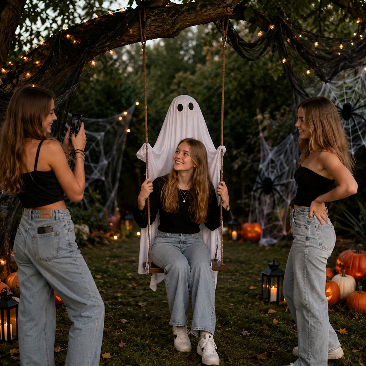 Haunt & Co Halloween 6 ft Hanging Swing Ghost with Remote Control and Lights, Outdoor , Outdoor Decor Spooky Cute Ghosts Decoration Flying Props for Tree Porch Yard Garden Lawn House