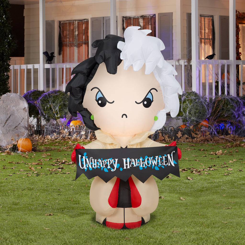 Haunt & Co Disney Cruella with "Unhappy Halloween" Banner