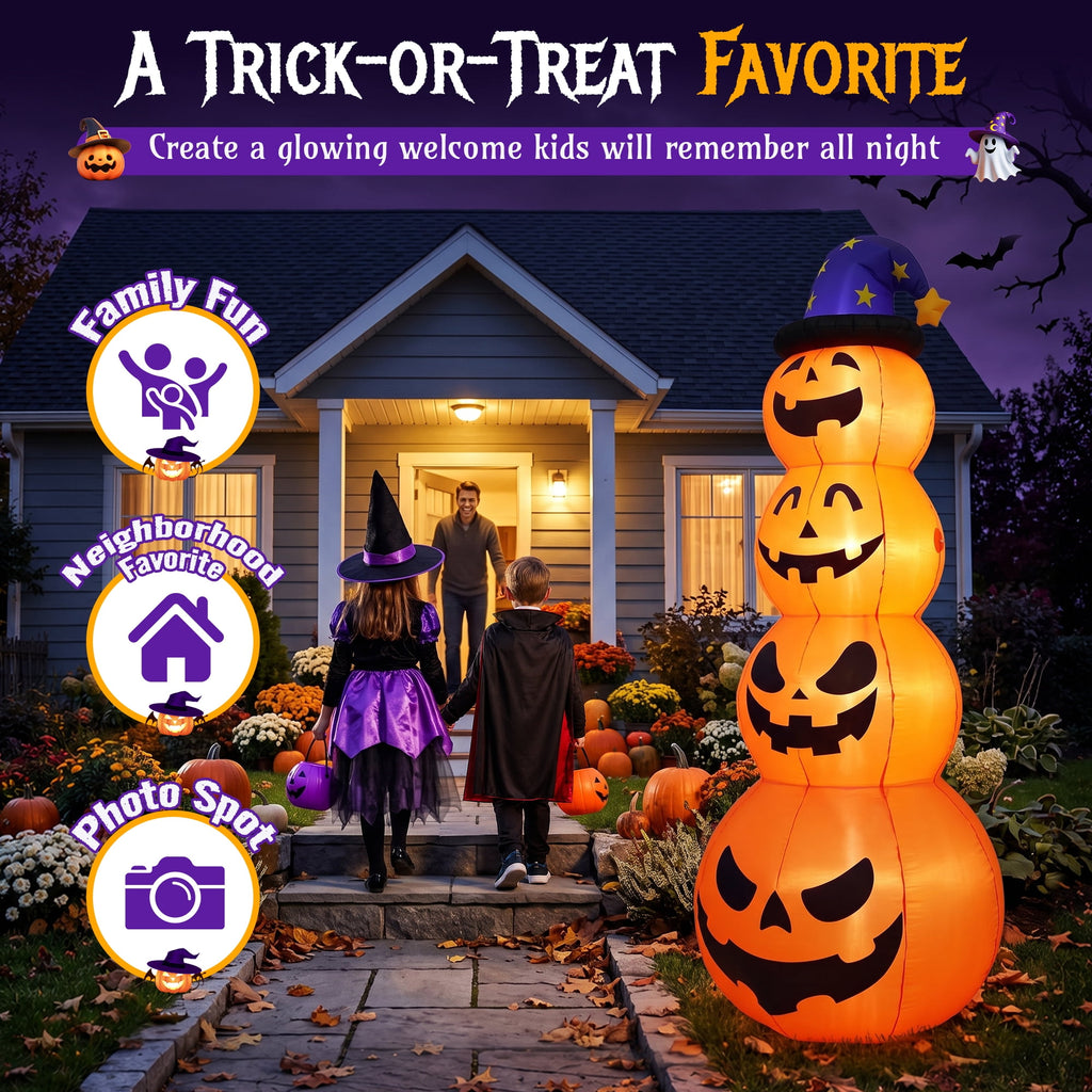Haunt & Co 8 ft Halloween Pumpkin Stack Inflatable Decoration with Witch Hat, Lighted