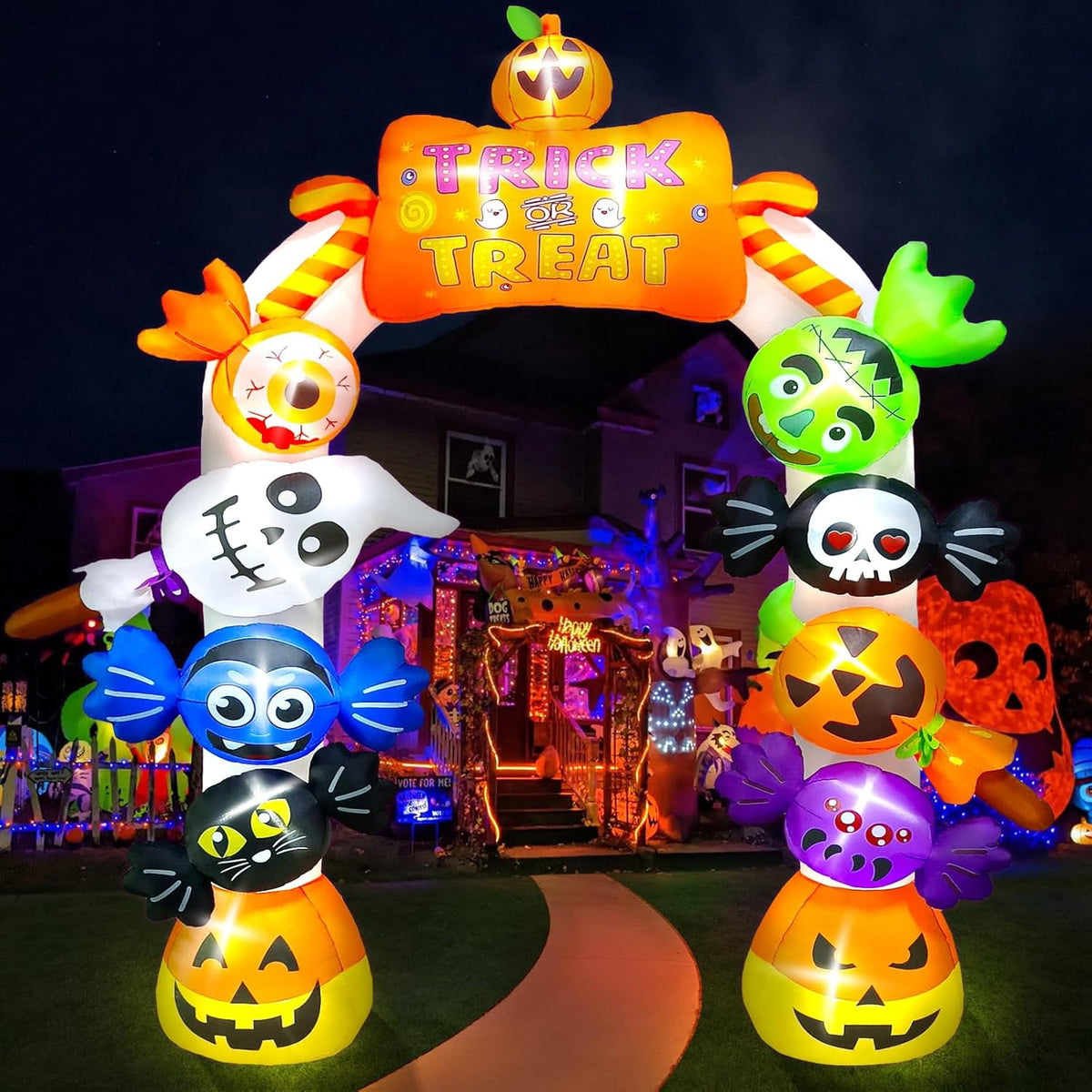 Haunt & Co 10FT Inflatable Candy Ghost Pumpkin Archway with Built-in Lights - Giant Outdoor Yard & Garden Decoration for Halloween, Indoor/Outdoor Use