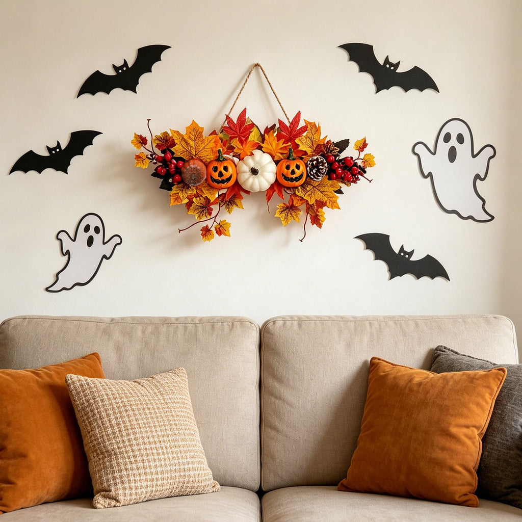 Haunt & Co Gaecuw Halloween Pumpkin Maple Leaf Hanging Decor Fall Festival Wall Ornament for Front Door Party Indoor Supplies