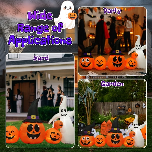 Haunt & Co 8FT Halloween Inflatable Pumpkin Ghost Scene, 5 Total LEDs, Waterproof Polyester, Quick Inflation with Stakes/Ropes