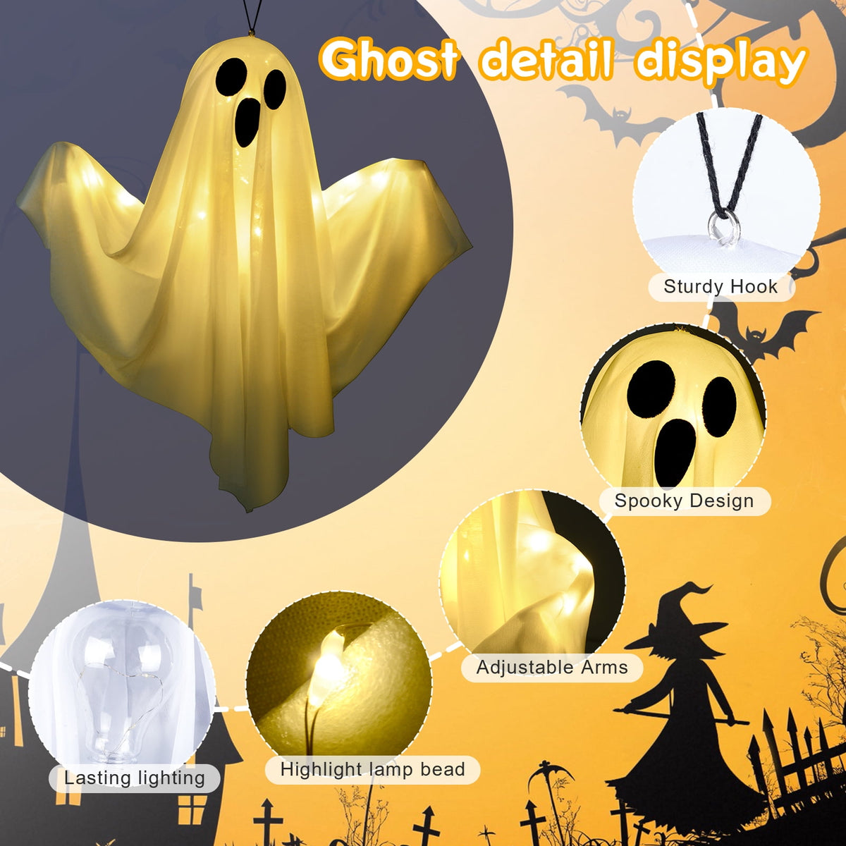 Haunt & Co 3 pack Hanging Ghosts , 20 inch LED Glowing Ghost Outdoor Lights
