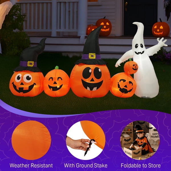 Haunt & Co 8FT Halloween Inflatable Pumpkin Ghost Scene, 5 Total LEDs, Waterproof Polyester, Quick Inflation with Stakes/Ropes