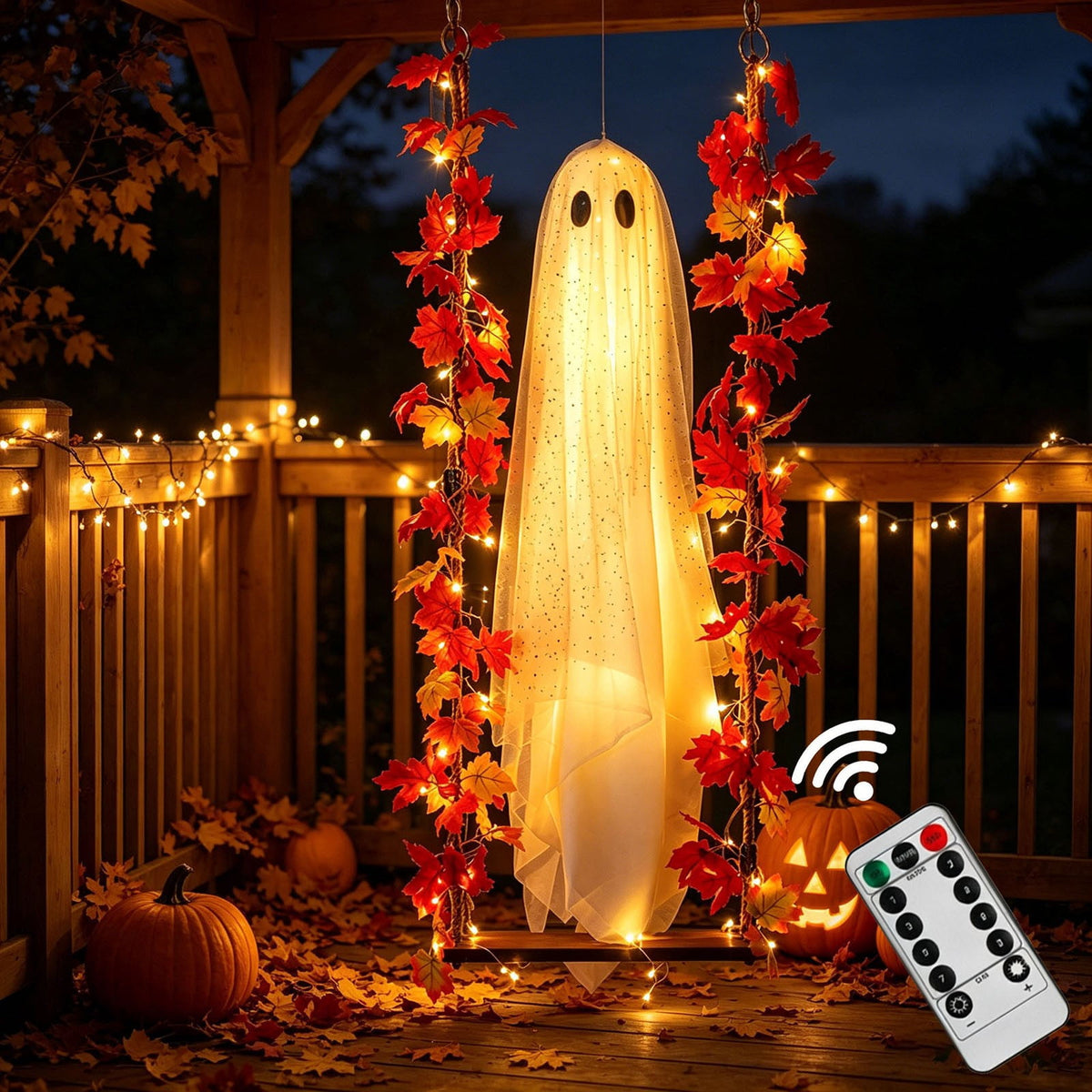Haunt & Co Nnndbs Maple Leaf Mesh Ghost Hanging Ornament, Halloween Autumn Leaf Decor for Window Door Display, Spooky Fall Home Accent`