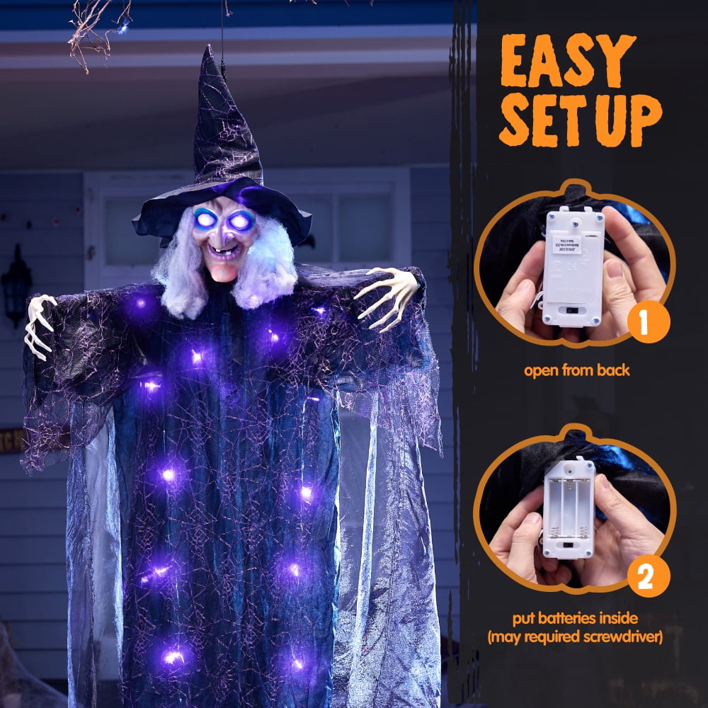 Haunt & Co 6ft Halloween Witch Decoration,Outdoor Scary Halloween Animatronic Hanging Witch with Light Up Eyes and Sound Decoration for Halloween Outdoor