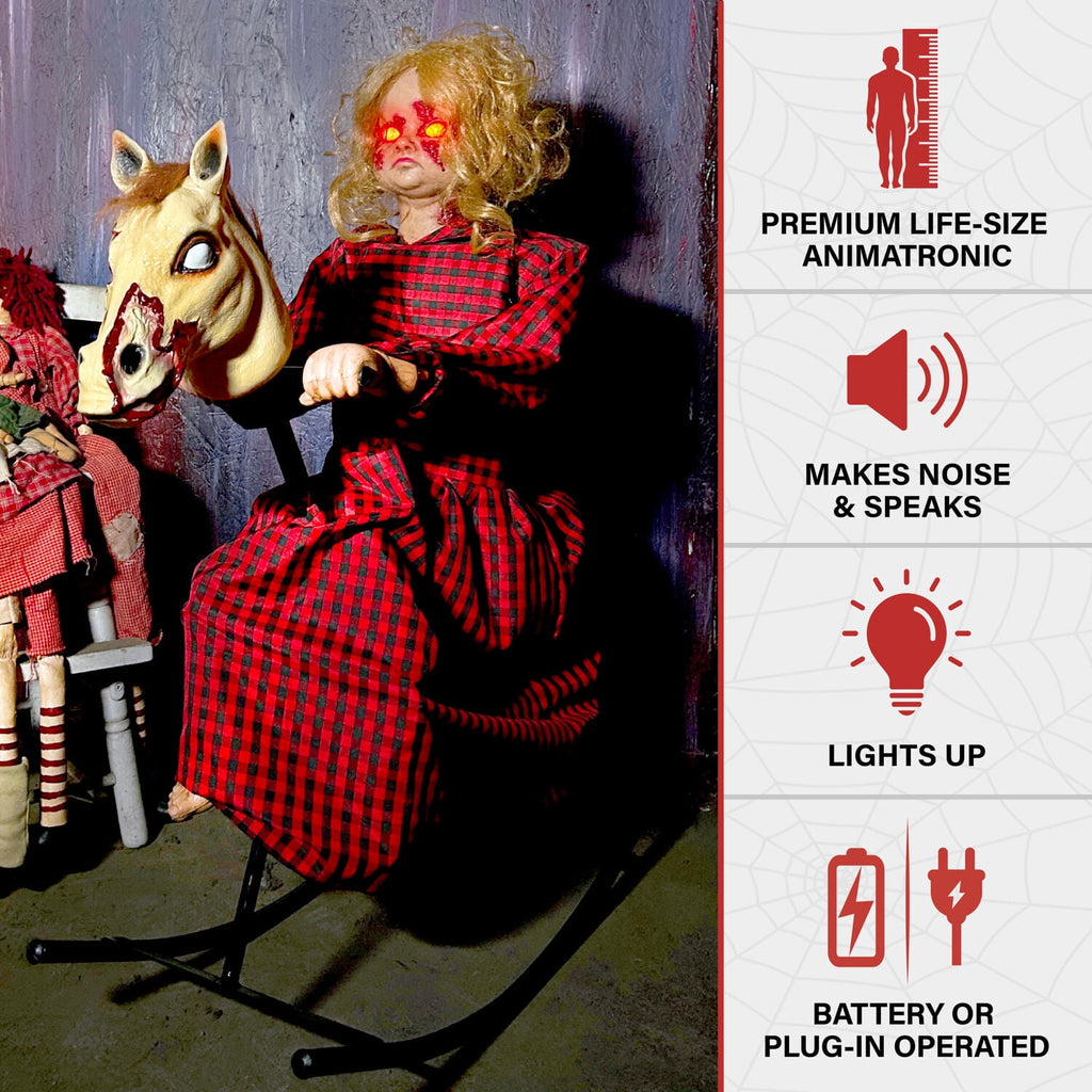 Haunt & Co 3.2 ft Voice & Sound-Sensor Rocking Horse Girl Halloween Animatronic