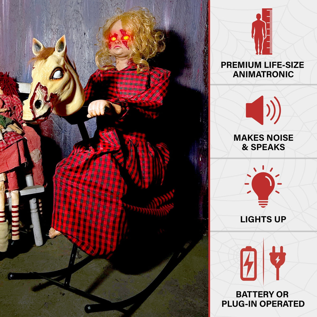 Haunt & Co 3.2 ft Voice & Sound-Sensor Rocking Horse Girl Halloween Animatronic