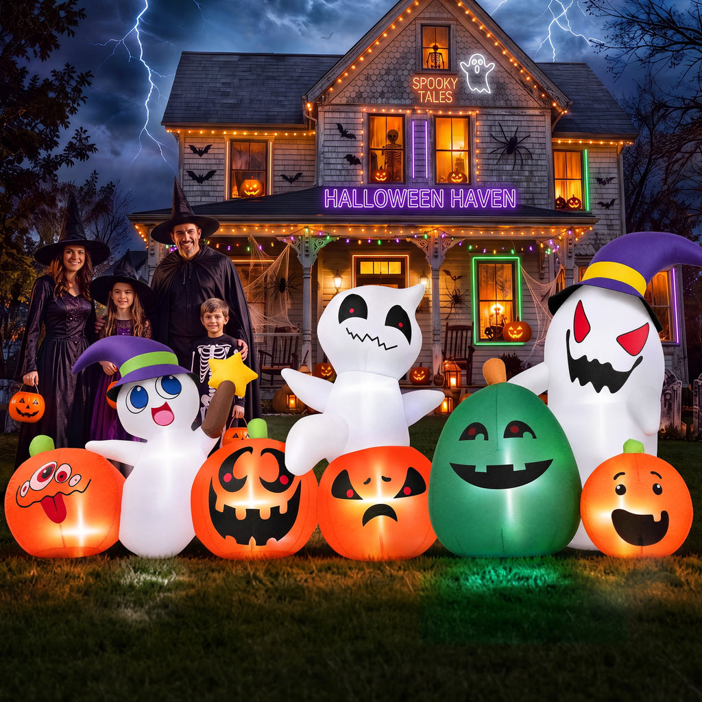 Haunt & Co (2 pack) 7ft Long Halloween Inflatable with Lights,Pumpkin Ghost