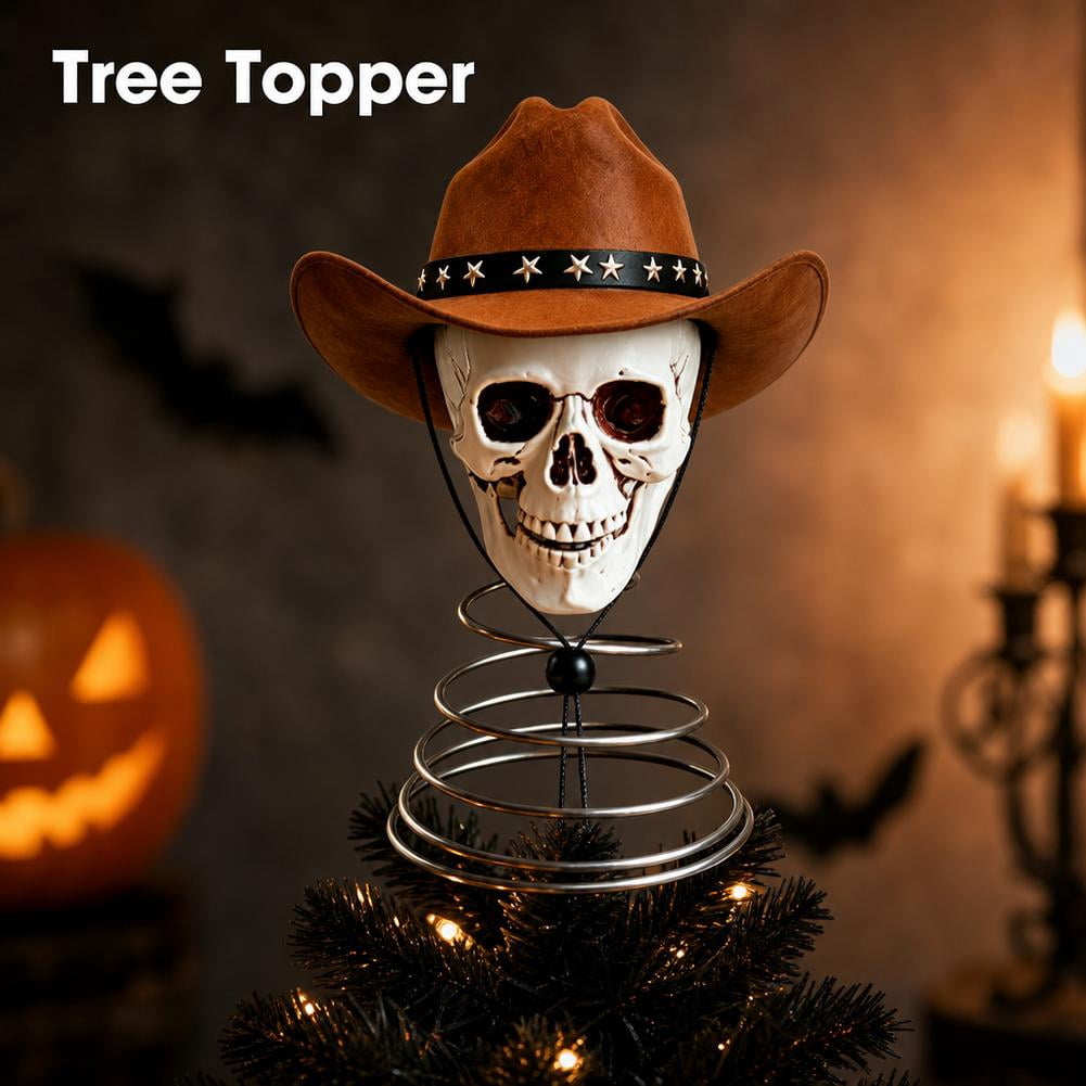 Haunt & Co Halloween Tree Topper, Skeleton Xmas Tree Topper, Halloween Skeleton Trees Decoration, Plastic Skull Ornament with Metal Spring Base, Spooky Holiday Home Party Decor