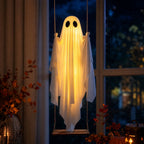 Haunt & Co Fabric Ghost Halloween Ornament, Swinging Solar Light Decor for Tree Yard Porch