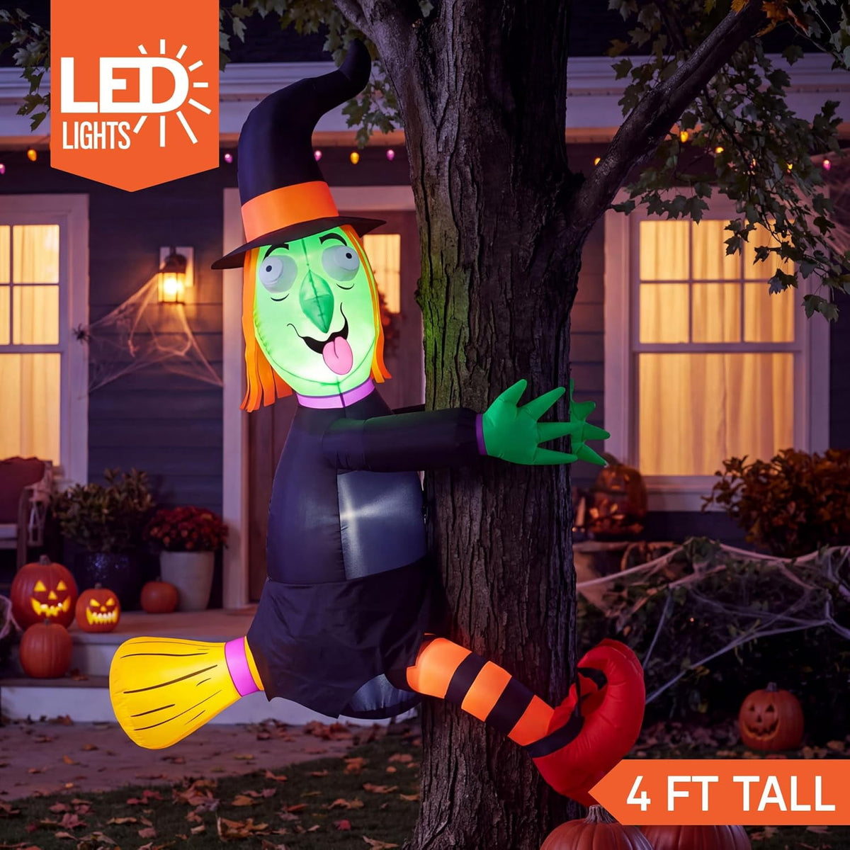 Haunt & Co 4 FT Halloween Inflatables Witch Crashing Into Tree,LED Lighted Blow Up Yard Decoration