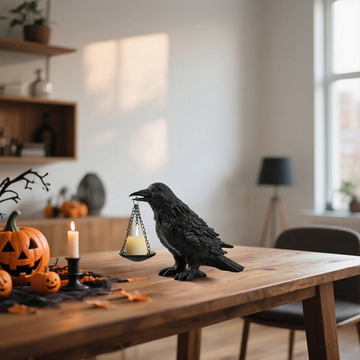 Haunt & Co Candle Holder Resin Statue for Halloween Decorations, Vintage Bird Table Centerpiece for Home Decor, Spooky Indoor Tealight Lamp Base for