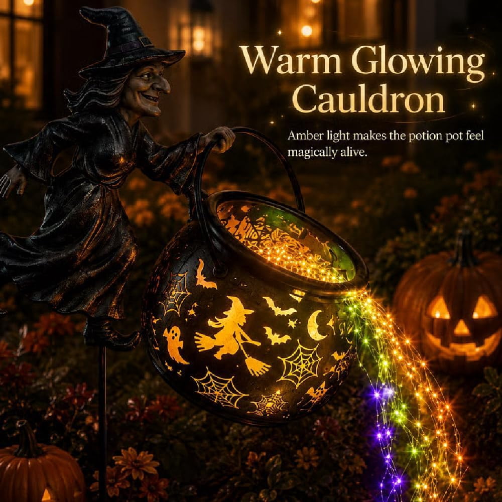 Haunt & Co Halloween Witch Cauldron Garden Light, Waterfall-Style Enchanted Witch Cauldron Garden Decoration, Halloween LED Projector Lights Decorations Outdoor with Stake