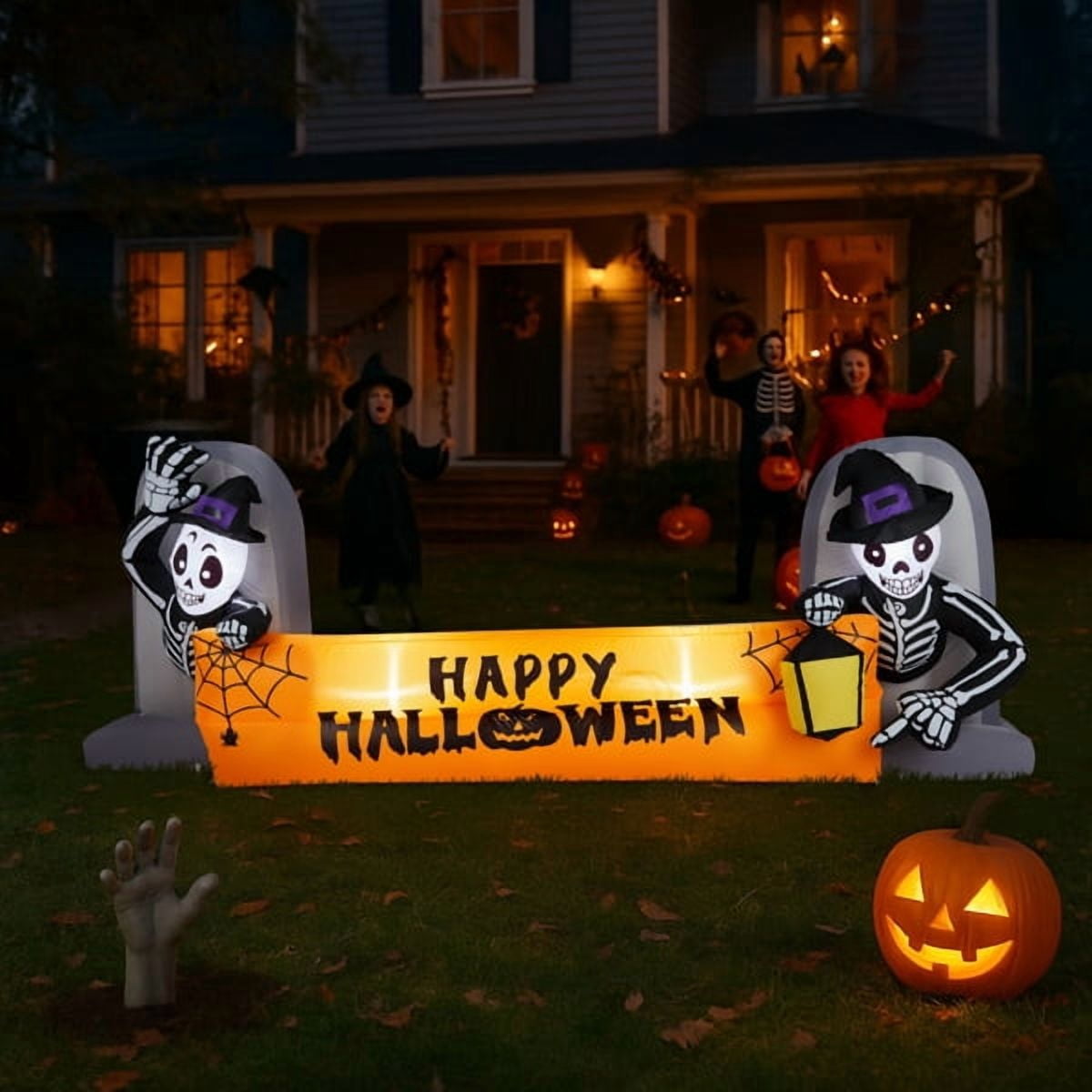 Haunt & Co 9.6FT Halloween Inflatable Skeleton Tombstone Banner, Built-in 4 White LED Lights, Quick Inflation