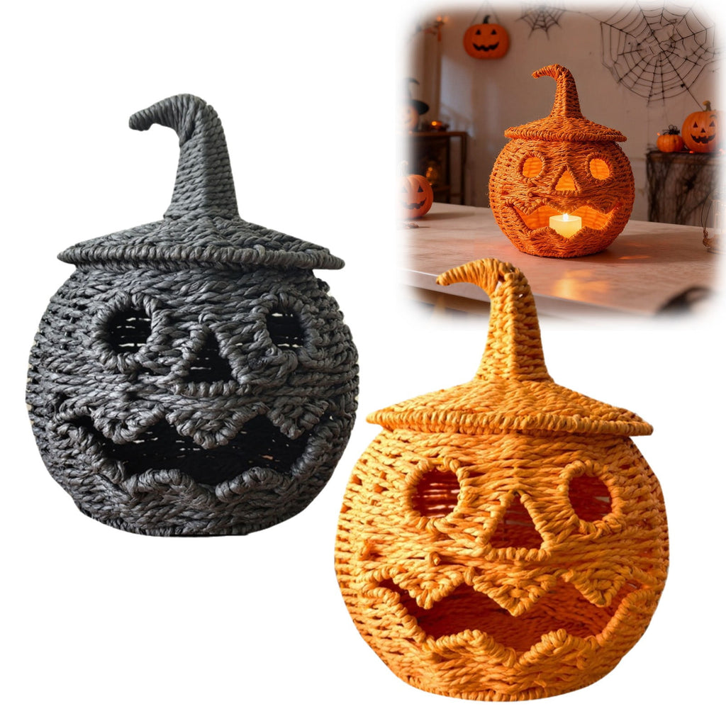 Haunt & Co Hand Woven Jack O Lantern Pumpkin Desktop Ornament Spooky Hollow Pumpkin Figurine For Shelf Mantel Tabletop Halloween Gothic Fall Home Decor(Style A-Orange)