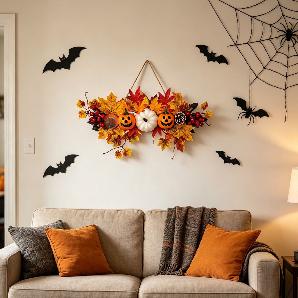Haunt & Co Gaecuw Halloween Pumpkin Maple Leaf Hanging Decor Fall Festival Wall Ornament for Front Door Party Indoor Supplies