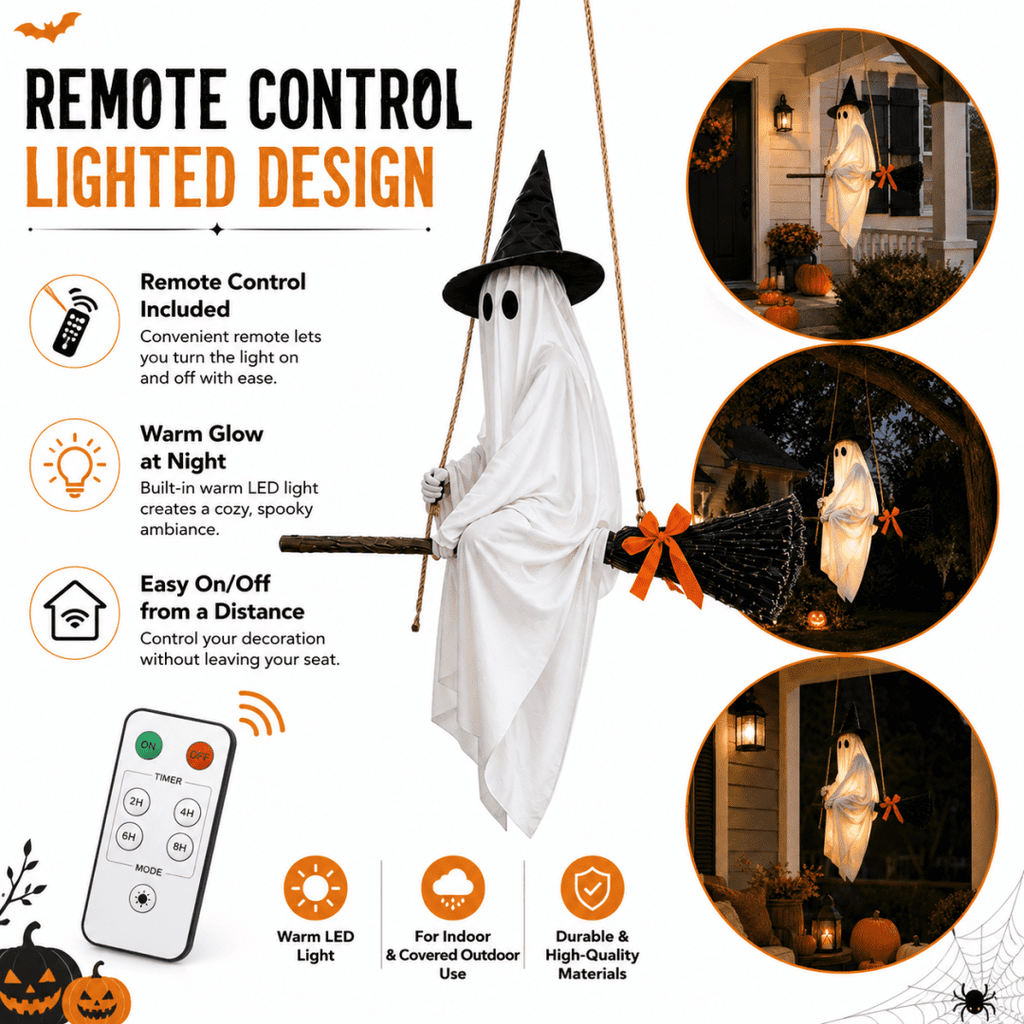 Haunt & Co LIGHTED HANGING GHOST WITCH Floating White Ghost With Black Witch Hat Rustic Broom And Orange Bow Warm Glow