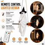 Haunt & Co LIGHTED HANGING GHOST WITCH Floating White Ghost With Black Witch Hat Rustic Broom And Orange Bow Warm Glow