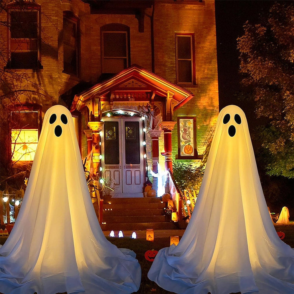 Haunt & Co Halloween Ghost Decorations 8ft Tall Glowing White Fabric Ghost with Light Stand