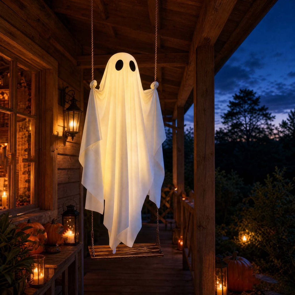 Haunt & Co Fabric Ghost Halloween Ornament, Swinging Solar Light Decor for Tree Yard Porch