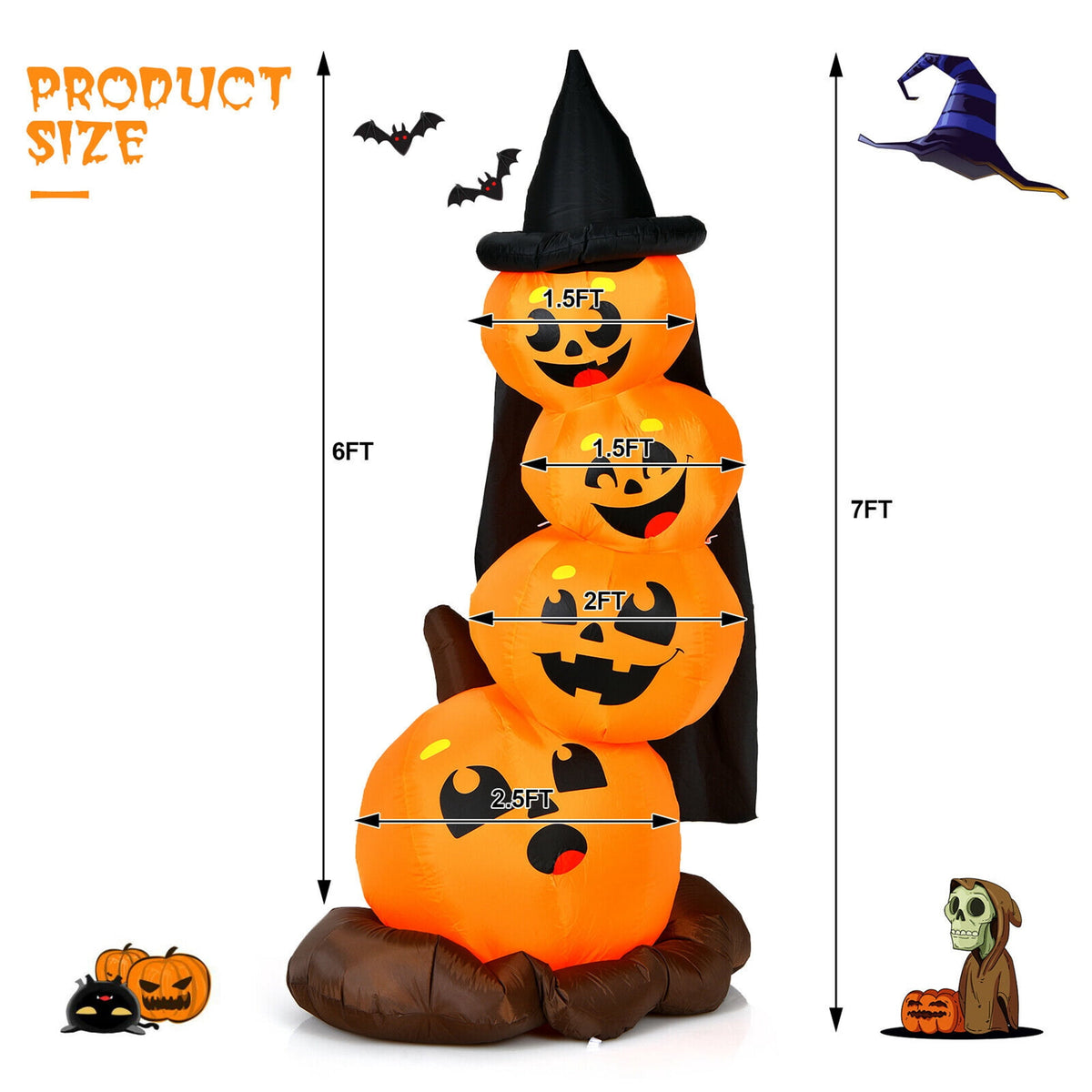 Haunt & Co Gymax Pumpkin Combo Halloween Yard Inflatable, with Built-in LED Lights 7'