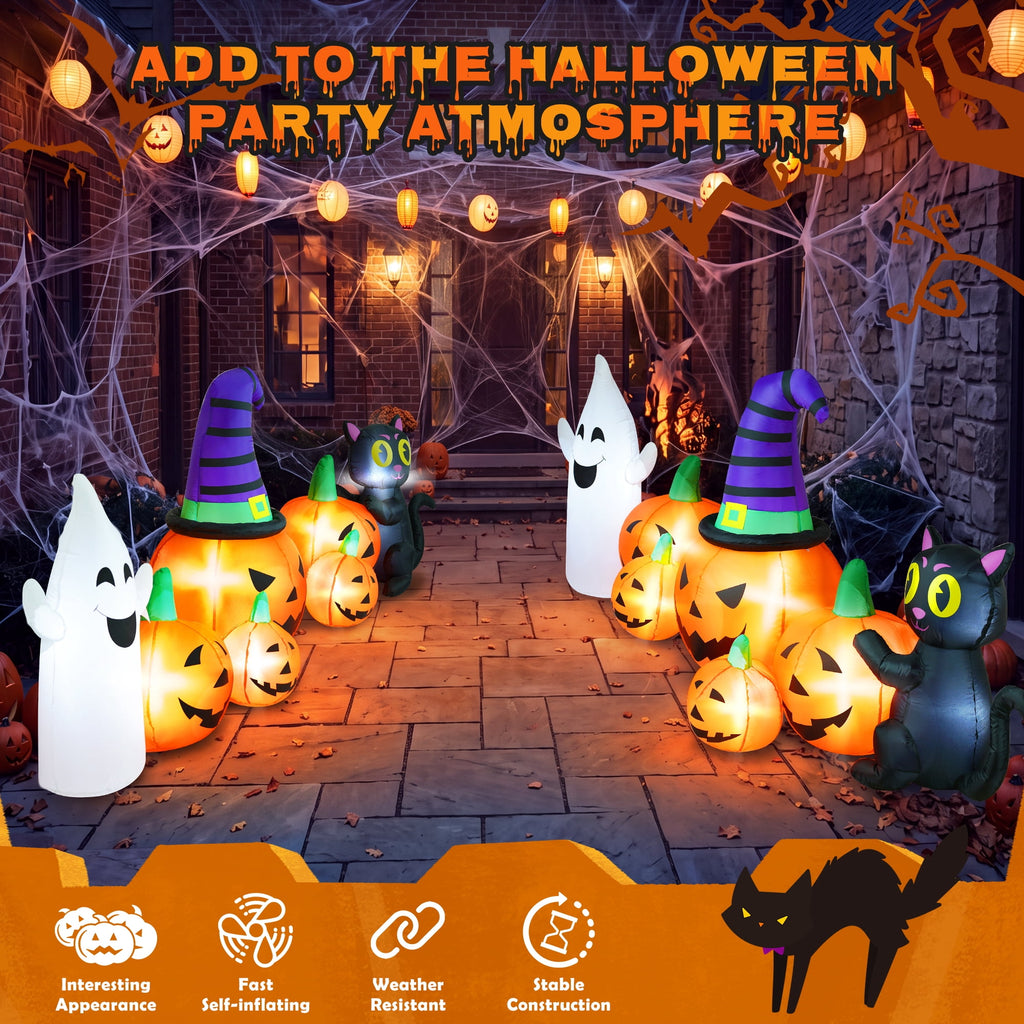Haunt & Co 8FT Long Halloween Inflatable Pumpkin with Ghost and Black Cat,Outdoor with LED Lights