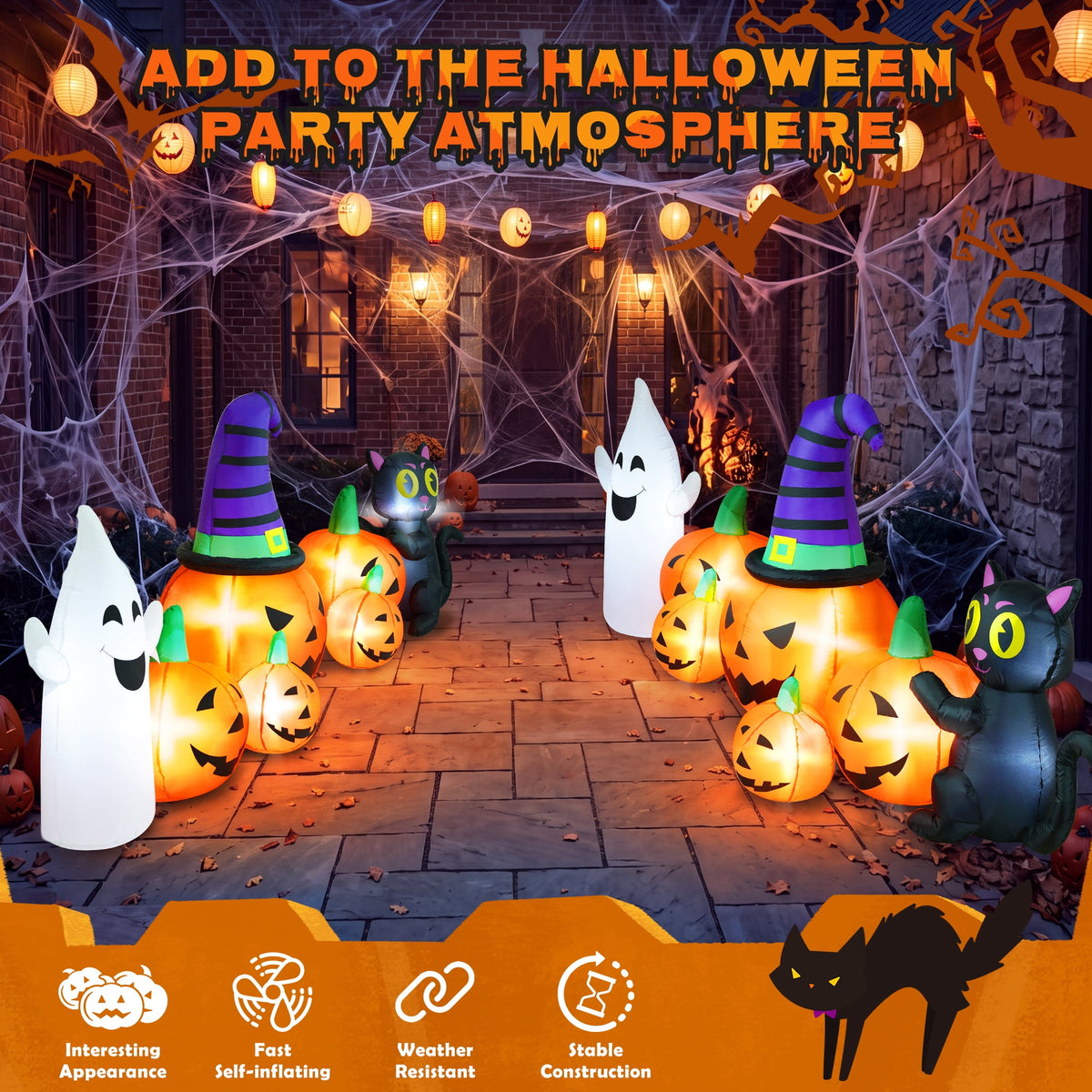 Haunt & Co 8FT Long Halloween Inflatable Pumpkin with Ghost and Black Cat,Outdoor with LED Lights