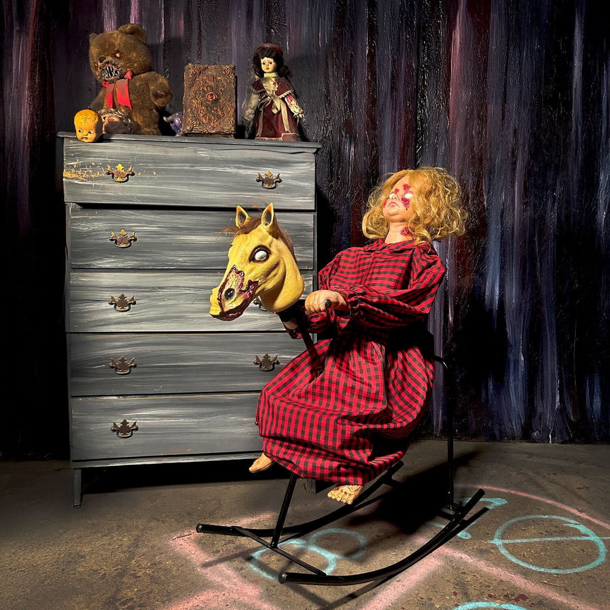 Haunt & Co 3.2 ft Voice & Sound-Sensor Rocking Horse Girl Halloween Animatronic