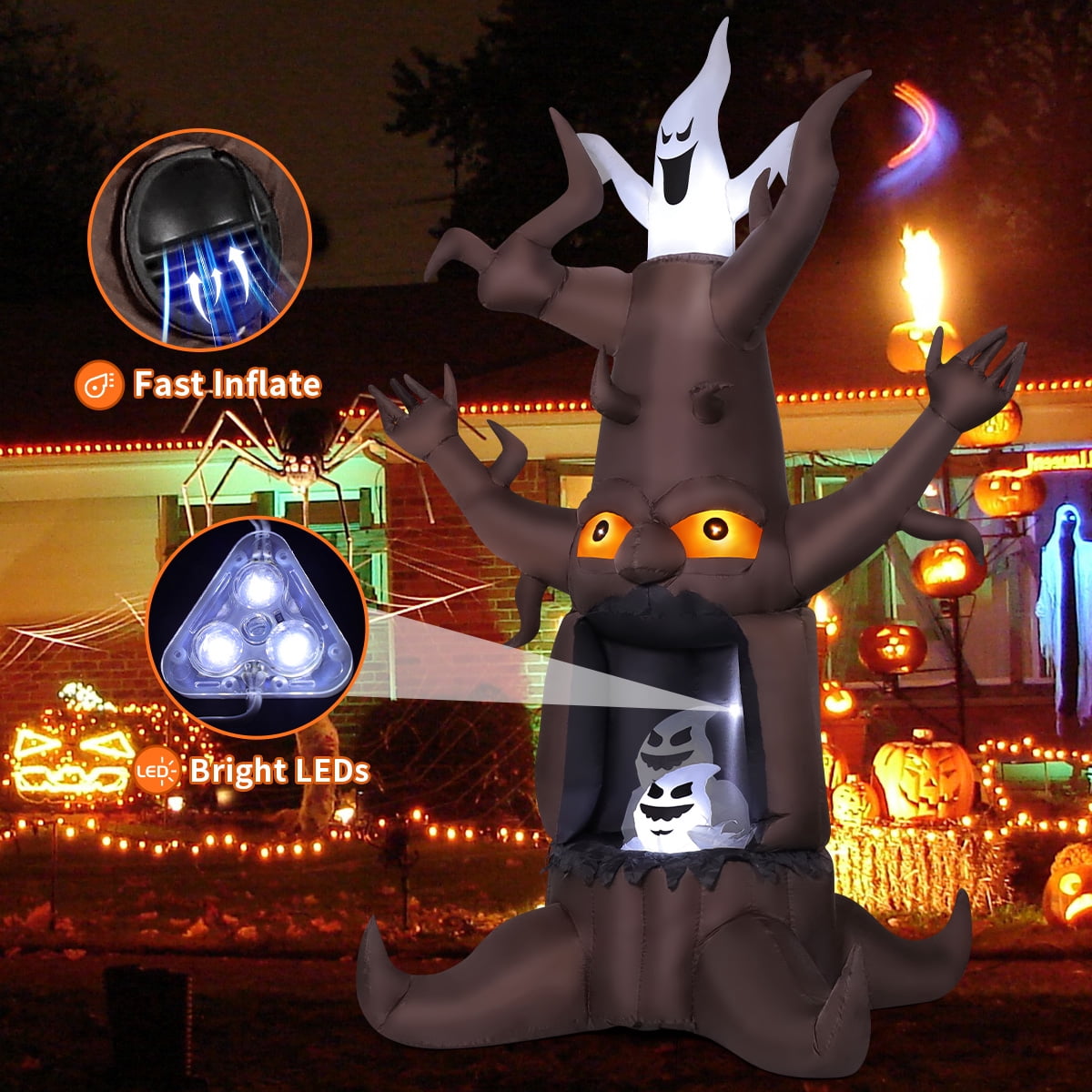 Haunt & Co Halloween Inflatables 9 FT Animated Halloween Tree Inflatables with Built-in LED lights, Scary Spooky Tree Inflatable with White Ghost, Outdoor for Halloween Holiday Party