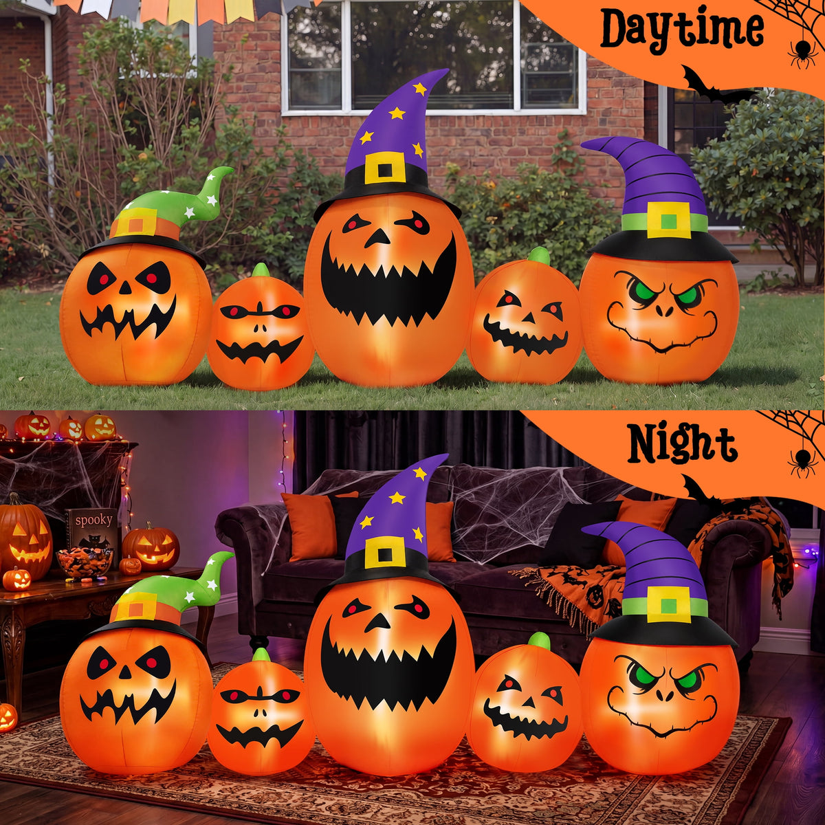 Haunt & Co 8FT Halloween Inflatable Pumpkins Blow ups Outdoor Decorations, Five Pumpkins with LED Lights