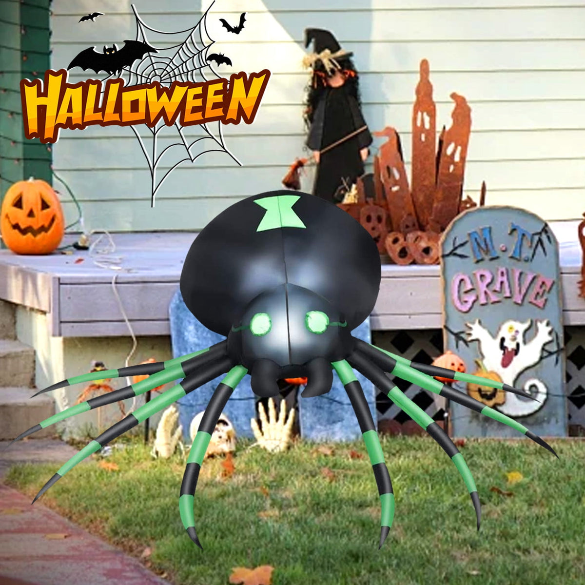 Haunt & Co 7.2FT Halloween Inflatable Spider Outdoor Decoration, Blow Up Spider with LED Light Decor, Inflatable Holiday Yard Lawn Garden Decorations