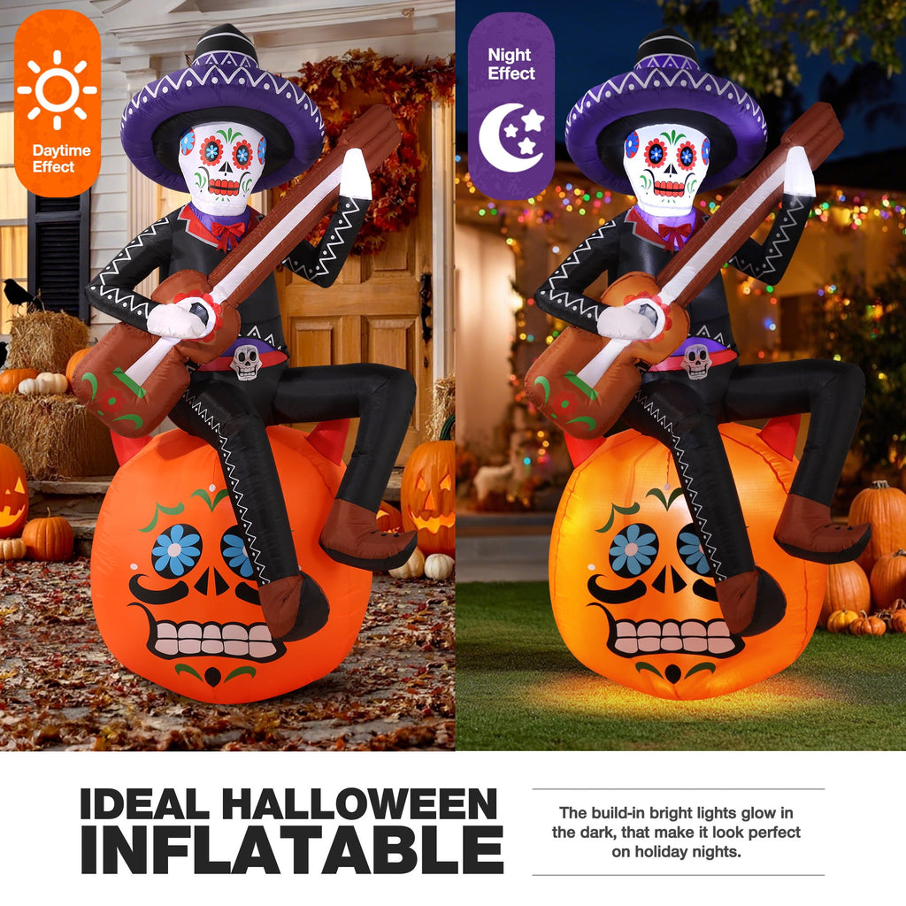 Haunt & Co 6FT Halloween Inflatable Outdoor Decoration, Day of the Dead Skull with Guitar