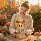 Haunt & Co GIPQJK Summerween Cute Ghost Resin Figure with Bow Tie Holding Pumpkin Statue, Creative Halloween Desktop Shelf Home Decor Ornament A