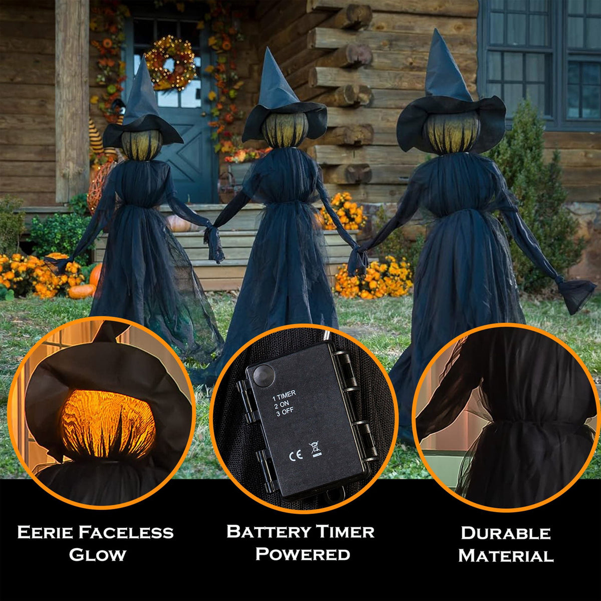 Haunt & Co Evergreen Set of 3 LED Lighted Halloween Witch Stakes, 4' Tall