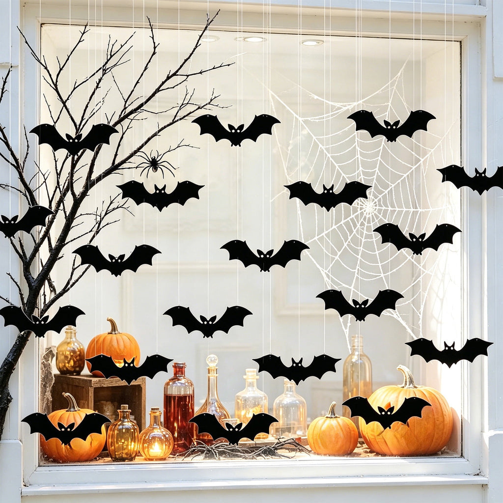 Haunt & Co Halloween Light Up Bats Decor Kit, Red Eye Bat Silhouette Hanging Ornaments With Mounting Accessories And Creepy Glow Effect, Halloween Party Decorations for Home Wall Door Window And Event Displays