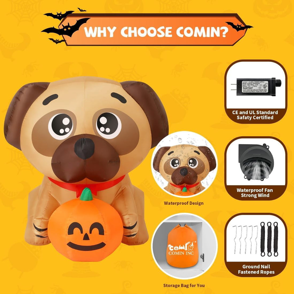 Haunt & Co COMIN 5 FT Halloween Inflatables Dog Outdoor Yard Decorations Blow Up Pug Holding Pumpkin with Built-in LEDs