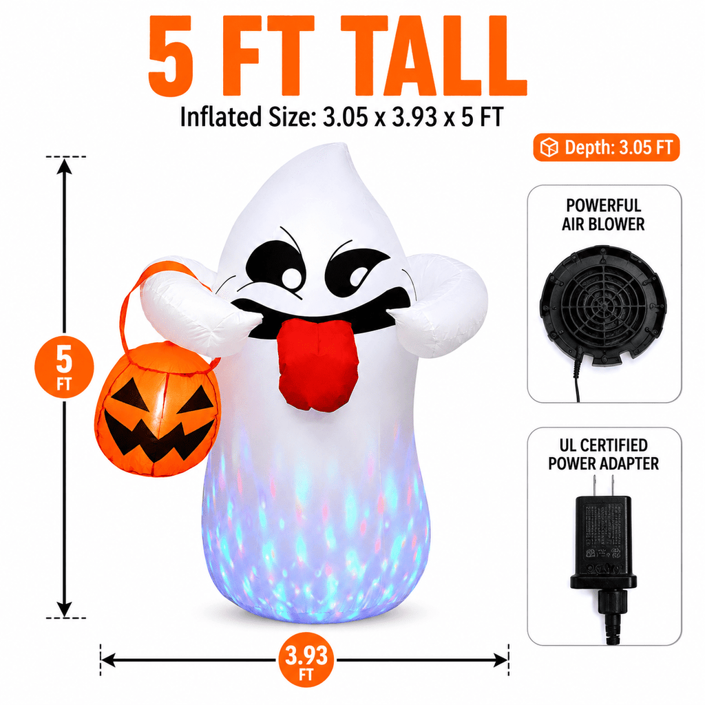 Haunt & Co 5FT Halloween Inflatable Ghost Holding Pumpkin Lantern, Light-Up Blow Up Outdoor Yard Decoration with RGB LED Lights