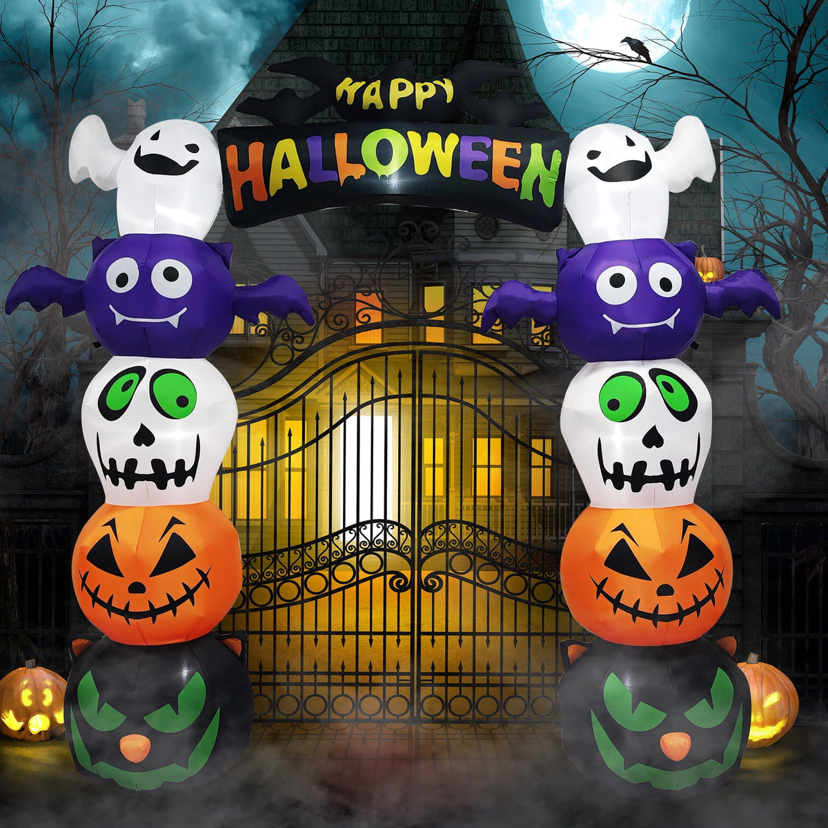 Haunt & Co 8.2' Halloween Inflatables Pumpkin Ghost Archway, Blow up Hallowee Decorations with Built-in LED Lights for Holiday