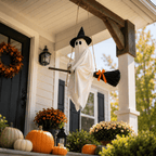 Haunt & Co LIGHTED HANGING GHOST WITCH Floating White Ghost With Black Witch Hat Rustic Broom And Orange Bow Warm Glow