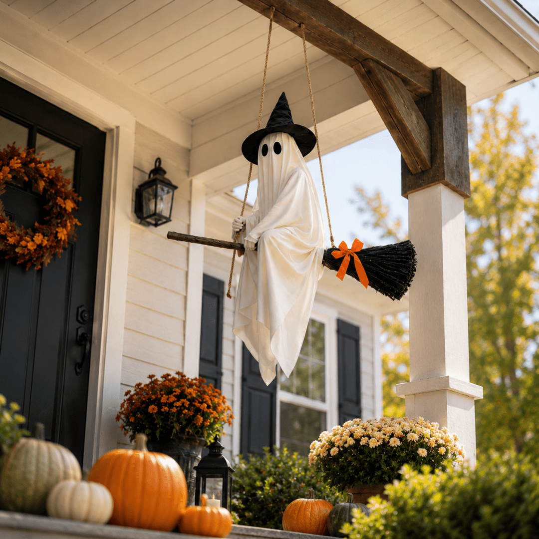 Haunt & Co LIGHTED HANGING GHOST WITCH Floating White Ghost With Black Witch Hat Rustic Broom And Orange Bow Warm Glow